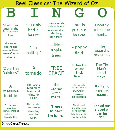 Reel Classics: The Wizard Of Oz Bingo Card