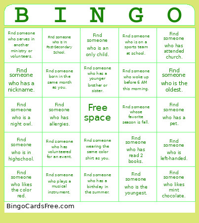 Refreshment Fellowship Bingo Card