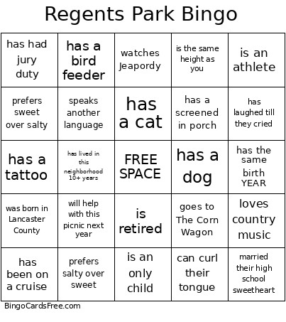 Regents Park Neighbors Bingo Card