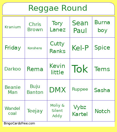 Reggae Round Bingo Card