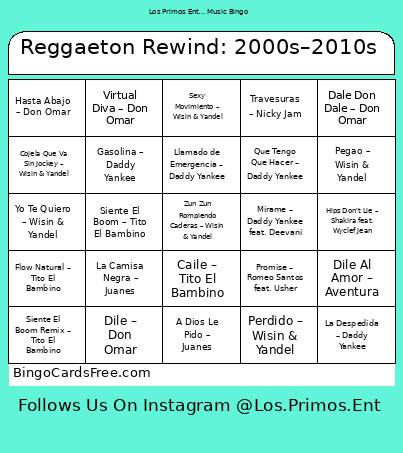 Reggaeton Rewind: 2000s–2010s Bingo Card