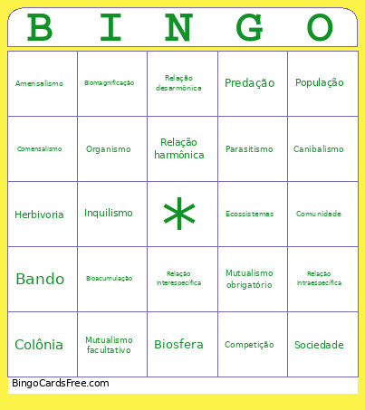 Relações Ecológicas Bingo Card
