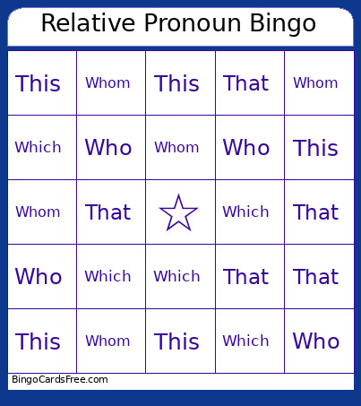 Relative Pronoun Bingo Card