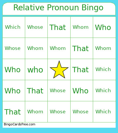 Relative Pronoun Bingo Card