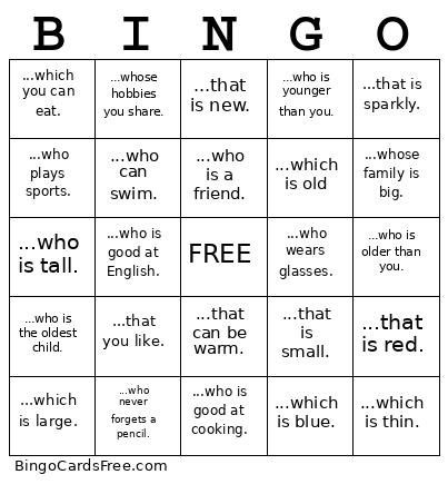 Relative Pronouns Bingo Cards Free Pdf Printable Game, Title: BINGO