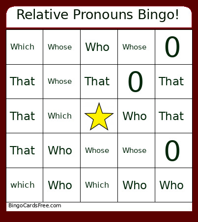 Relative Pronouns ! Bingo Card