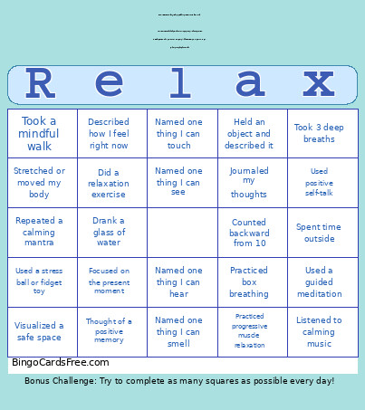 Relax Bingo Card