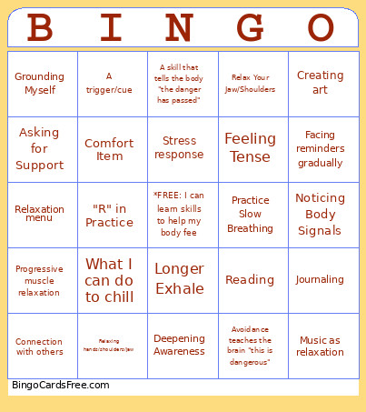 Relaxation Skills Trauma Resilience Bingo Card