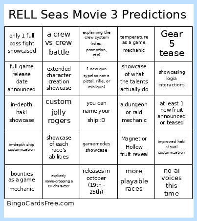 RELL Seas Movie 3 Predictions Bingo Card