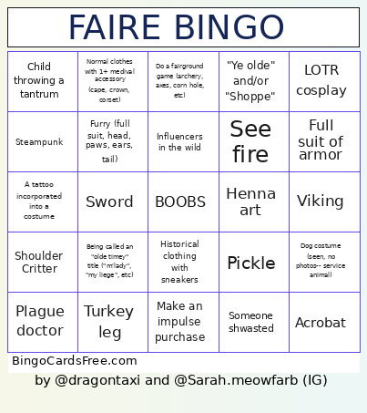 Ren Faire 2025 Bingo Card