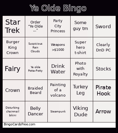 Ren Faire 2026 Bingo Card