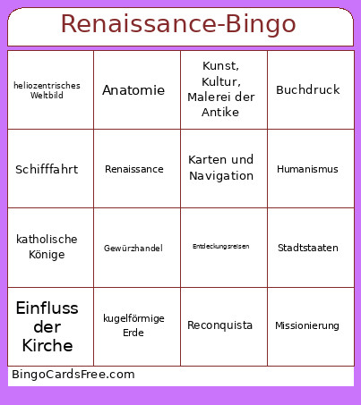 Renaissance- Bingo Card