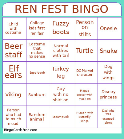 Renaissance Festival Bingo Card
