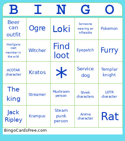 Renn Faire Bingo Card