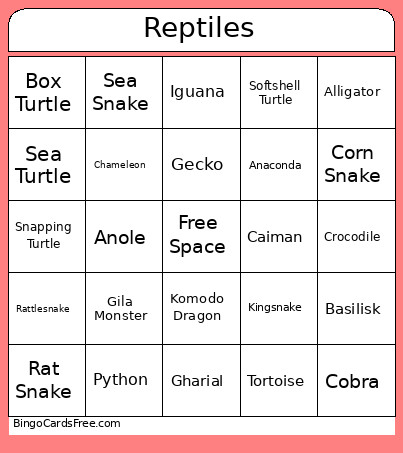 Reptiles Bingo Card