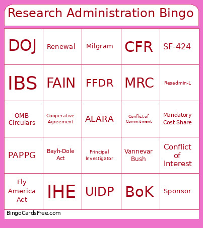Research Administration Bingo Card