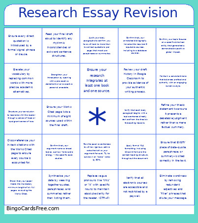 Research Essay Revision Bingo Card