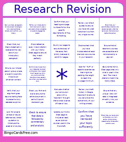Research Revision Bingo Card