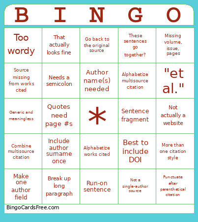 Research & Writing Challenges Bingo Card