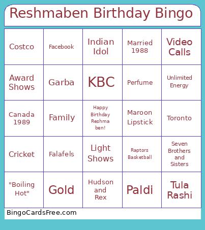 Reshmaben Birthday Bingo Card