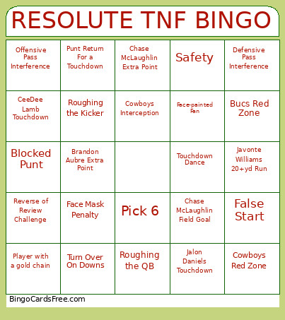 RESOLUTE TNF Bingo Card