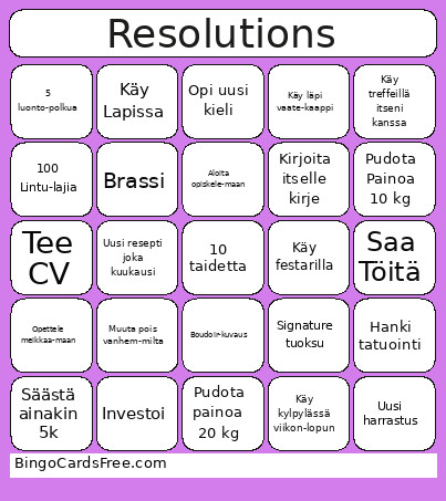 Resolutions Bingo Card
