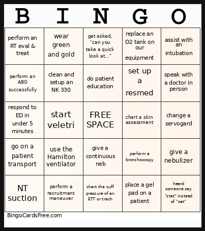 Respiratory Care Bingo Card