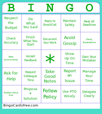 Responsibility Bingo Card