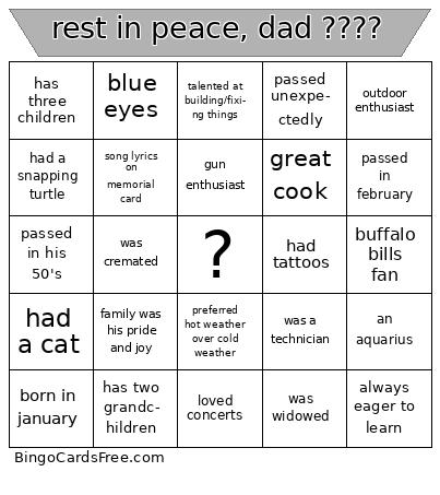 rest in peace, dad ???? Bingo Cards Free Pdf Printable Game, Title: rest in peace, dad ????