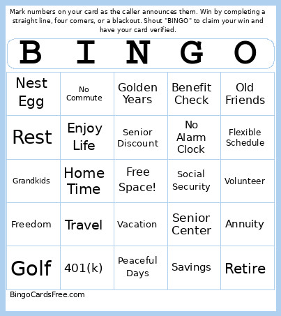 Retirement Bingo Card
