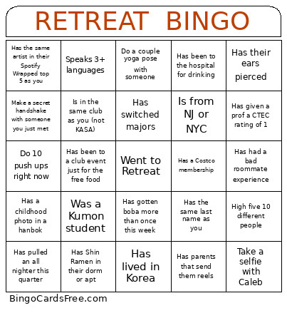 RETREAT Bingo Card