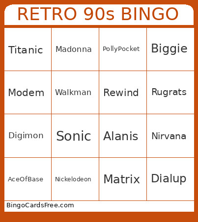 RETRO 90s Bingo Card