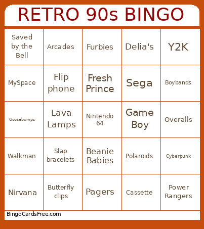 RETRO 90s Bingo Card