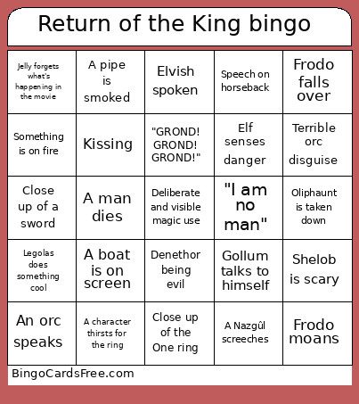 Return Of The King Bingo Card