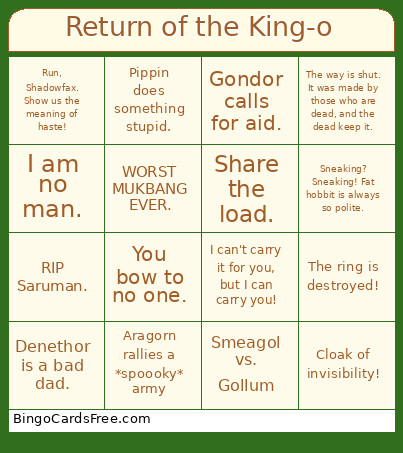 Return Of The King-o Bingo Card
