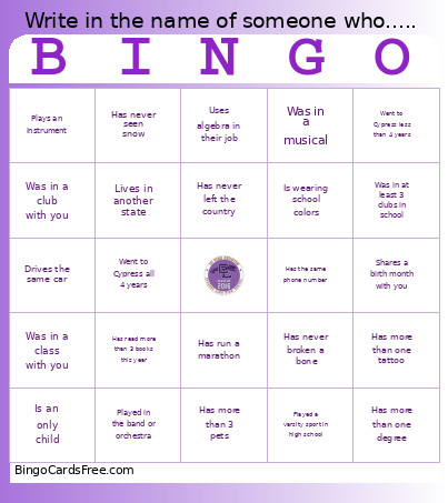 Reunion Bingo Card