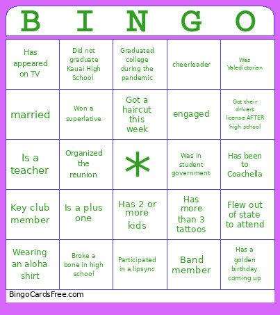 Reunion Bingo Card
