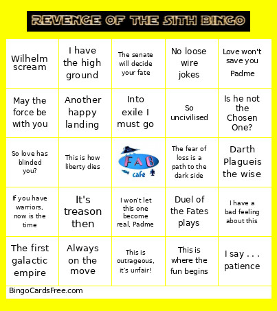 Revenge Of The Sith Bingo Card