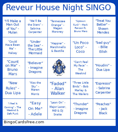 Reveur House Night SINGO Bingo Card
