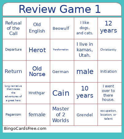 Review Game 1 Bingo Card