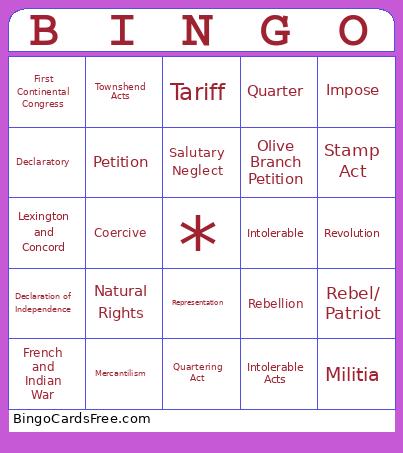 Revolutionary Vocabulary Bingo Card