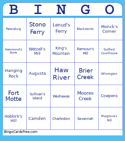 Revoutionary War: Southern Campaign Bingo Card