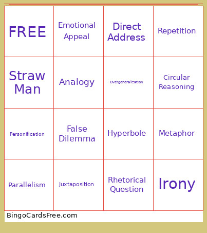 Rhetorical Devices And Logical Fallacies Bingo Card