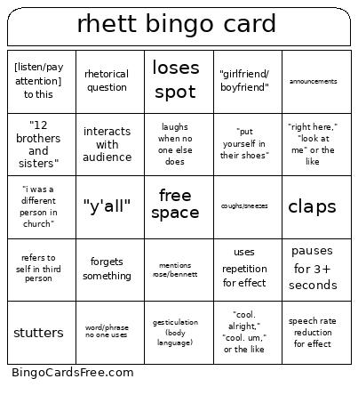 Rhett Bingo Card