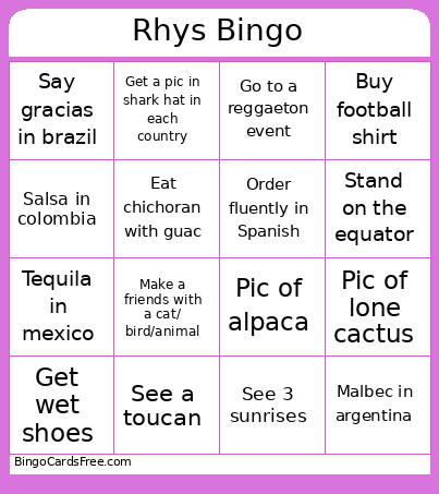 Rhys Bingo Card