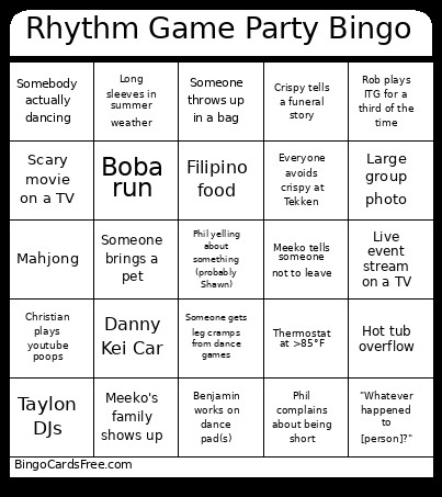 Rhythm Game Party Bingo Card