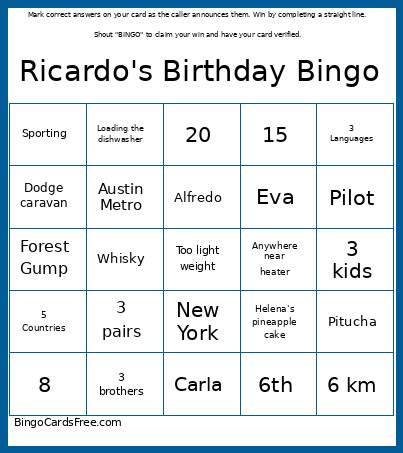 Rio's Birthday Bingo Card