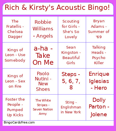 Rich & Kirsty's Acoustic ! Bingo Card