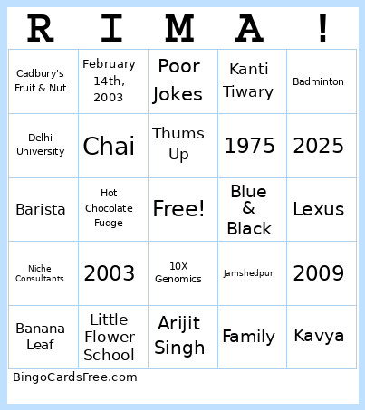 Rima's 50th Birthday Bingo Card