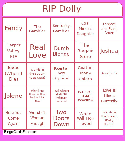 RIP Dolly Bingo Card